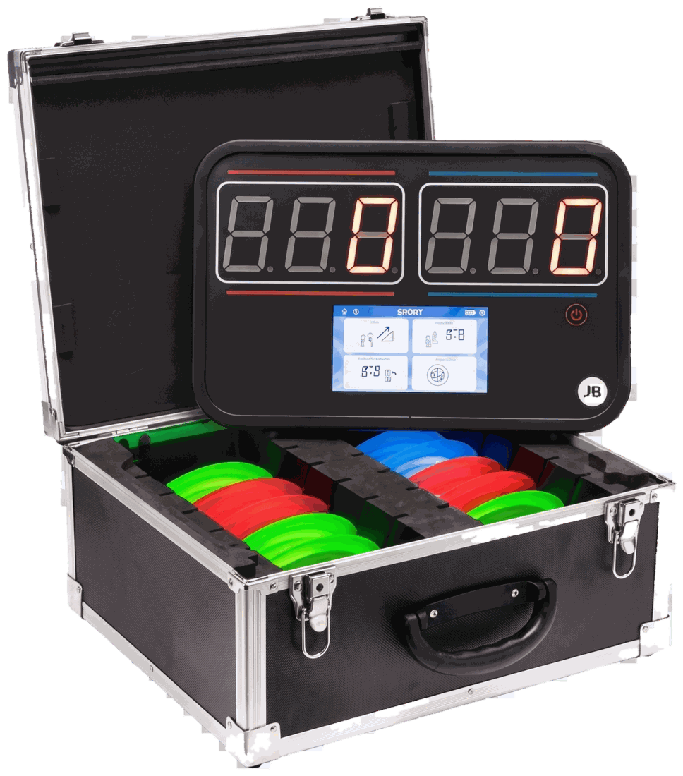 Mallette Buzzerspeed ouverte avec son panneau de score et ses buzzers lumineux