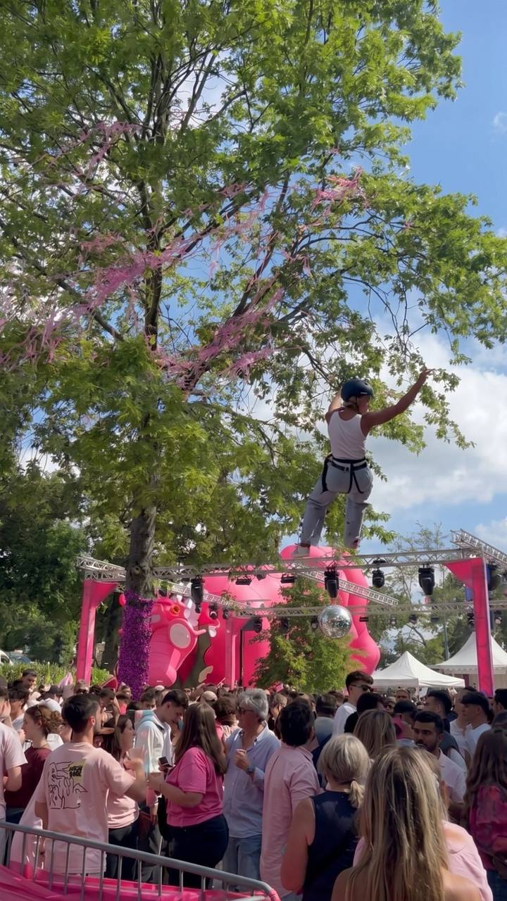 Tyrolienne au-dessus du public lors d'un festival en plein air